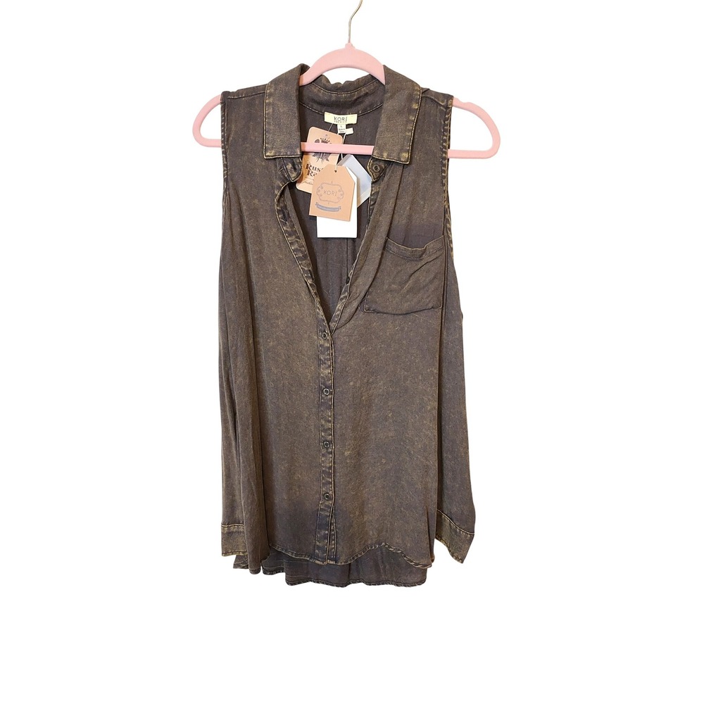 Kori‎ America Washed Cold Shoulder Button Up LONG SLEEVE Shirt Top Large Boho